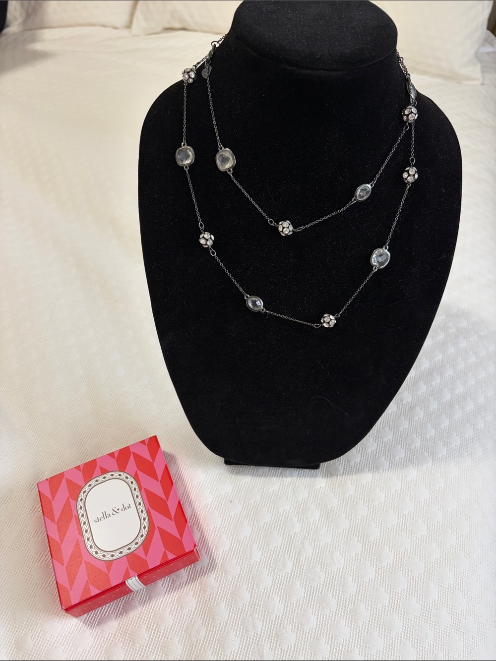 Stella & Dot Silver Two-Strand Necklace with Crystal and Floral Accents